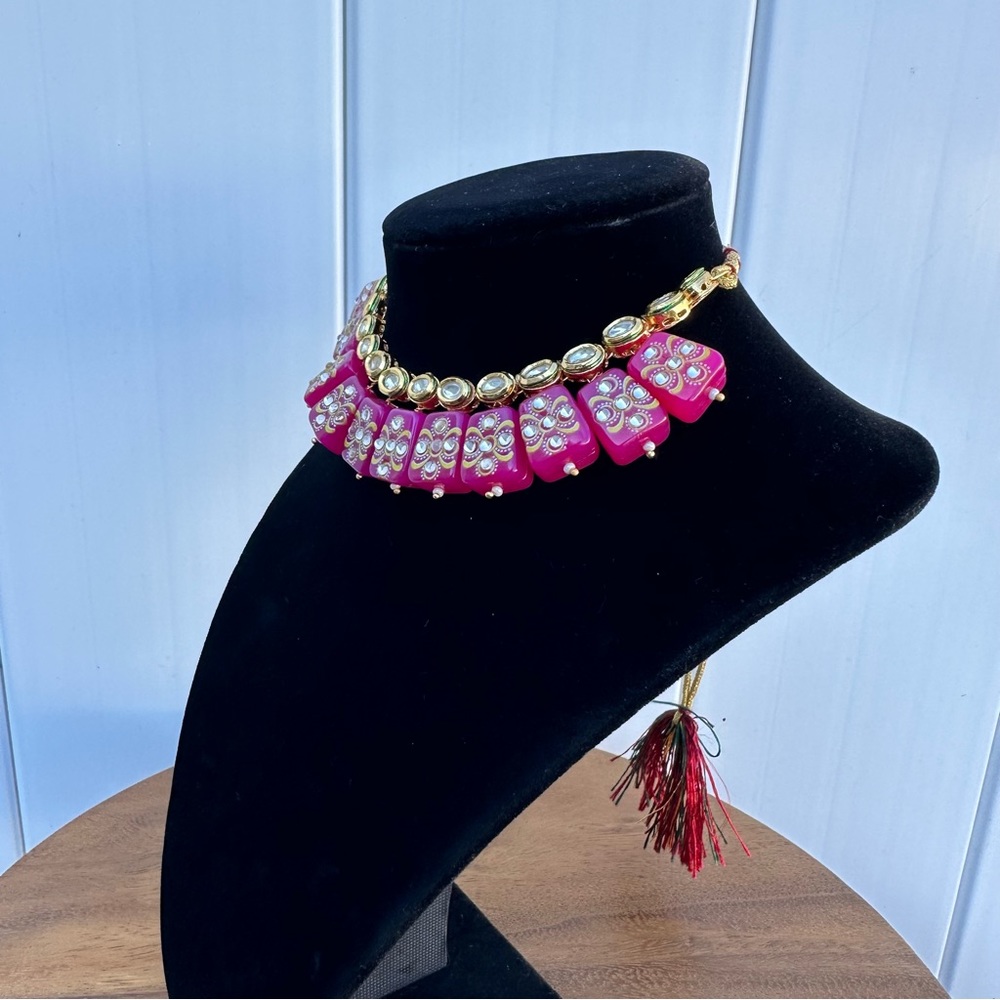 Kundan Pink Beaded Choker Necklace Set | Indian Floral Statement Jewelry - Picture 6 of 9